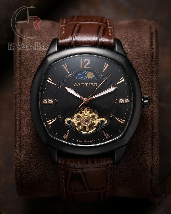 (OS) Cartier Automatic Leather Black Brown