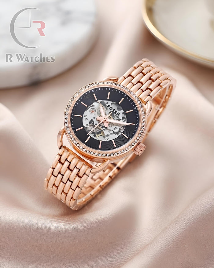 (OS) Fossil Girls Automatic Diamond Rose Gold Black