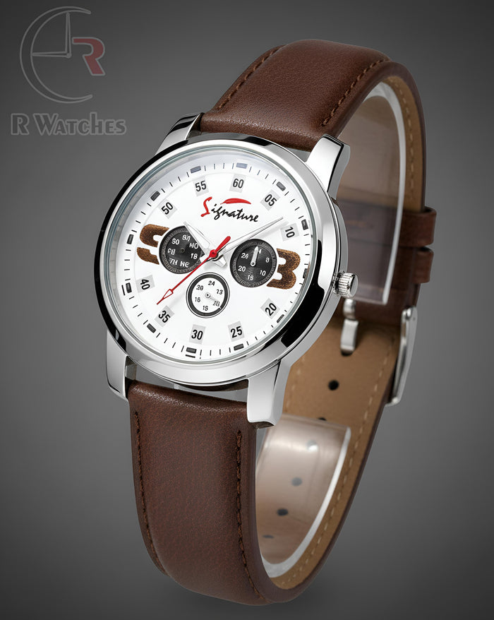 (OS)⭐ Signature Leather Brown Silver White Dial