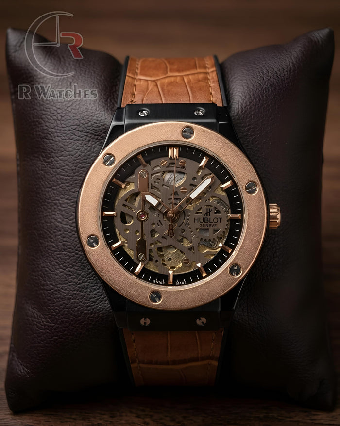(OS) Hublot Automatic Leather Rose Gold Black Brown