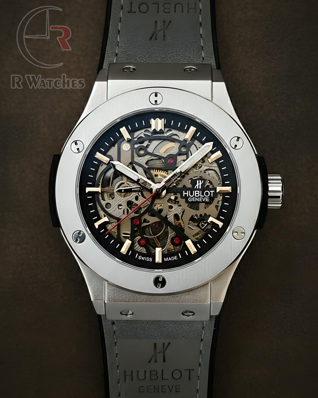 (OS) Hublot Automatic Leather Grey Silver Dial