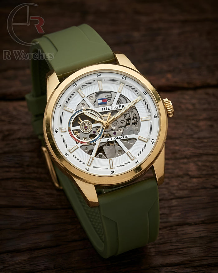 (SS) Tommy Hilfiger Automatic Silicon Gold White Dial