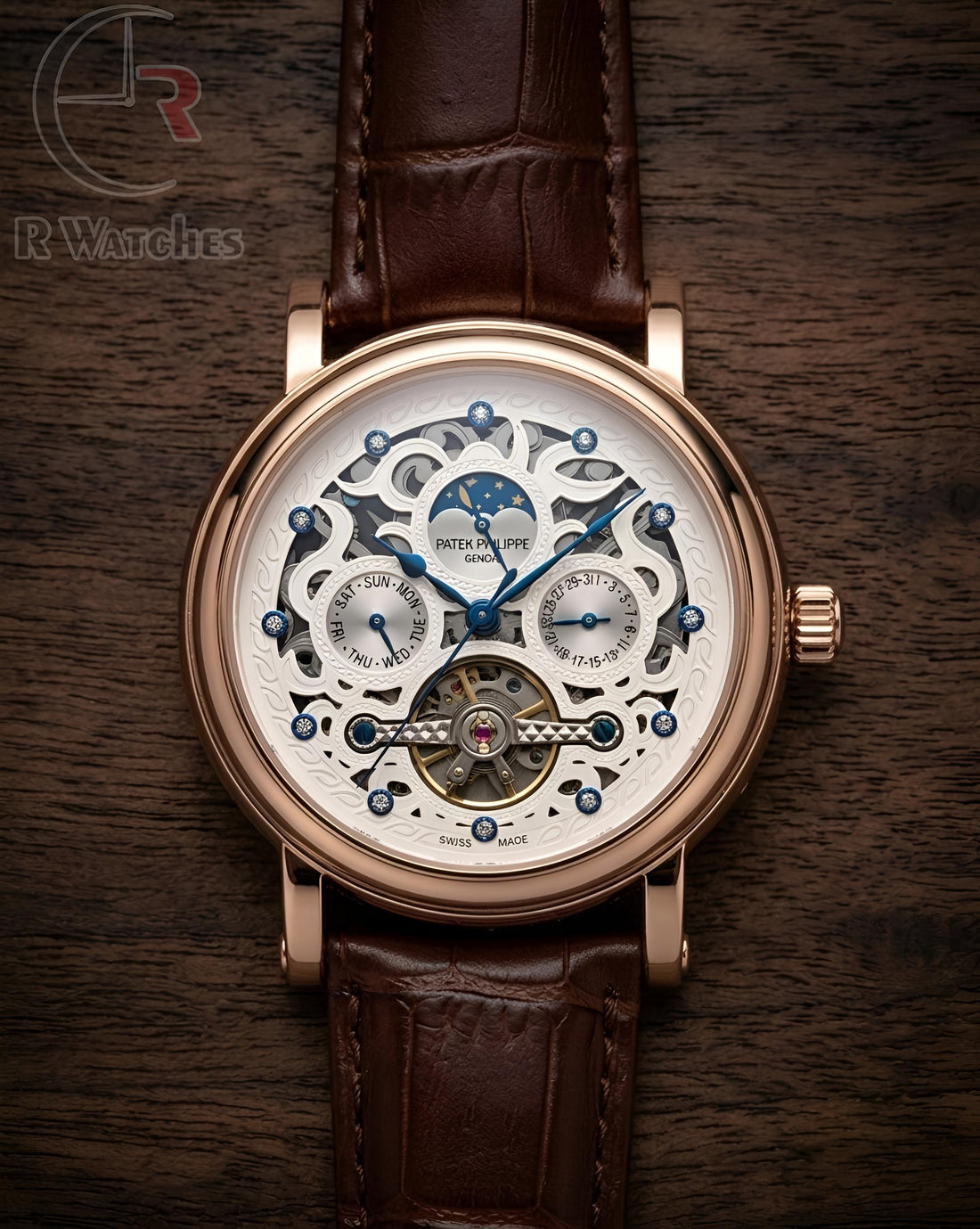 (OS2) Patek Philippe Automatic Leather Rose Gold White Dial