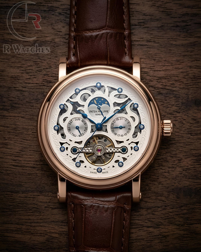 (OS2) Patek Philippe Automatic Leather Rose Gold White Dial