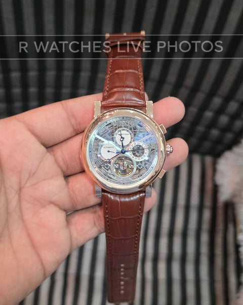 (OS4)⭐ Cartier Automatic Leather Rose Gold Grey Dial