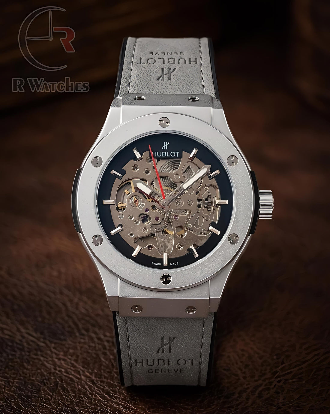 (OS3) Hublot Automatic Leather Grey Silver Black Dial