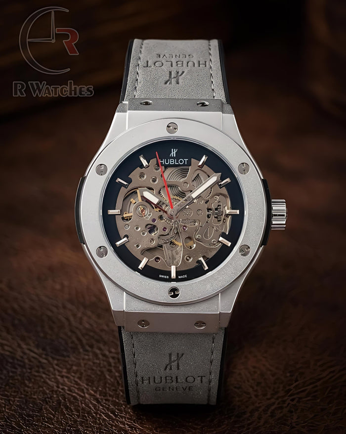 (OS3) Hublot Automatic Leather Grey Silver Black Dial