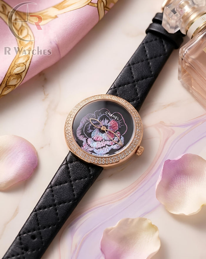 (OS)⭐ Chanel Girls Leather Rose Gold Black Dial