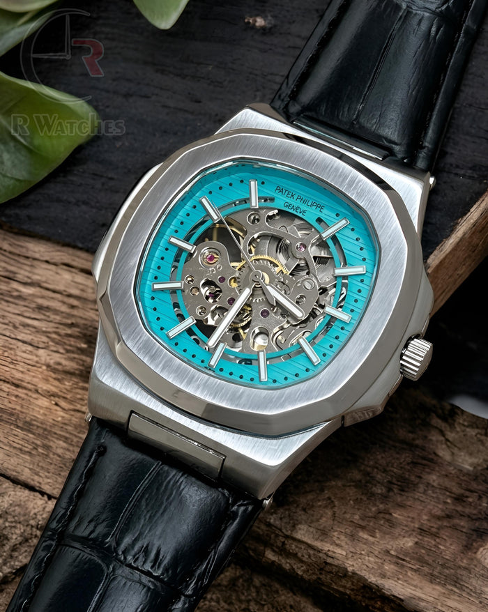 (OS) Patek Philippe Automatic Leather Silver Tiffany Blue