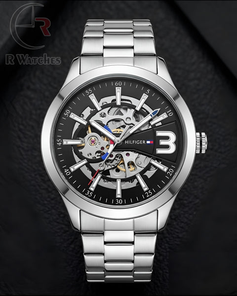 (OS)⭐ Tommy Hilfiger Automatic Silver Black Dial