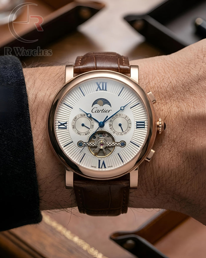 (OS2) Cartier Automatic Leather Rose Gold White Roman Dial