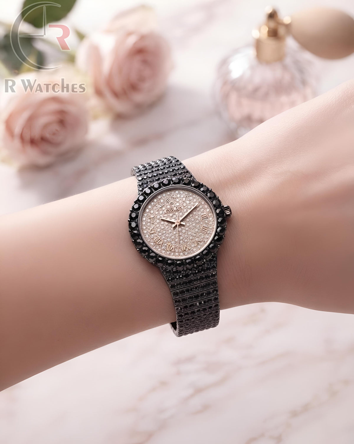 (OS) Rolex Girls Diamond Roman Black Rose Gold