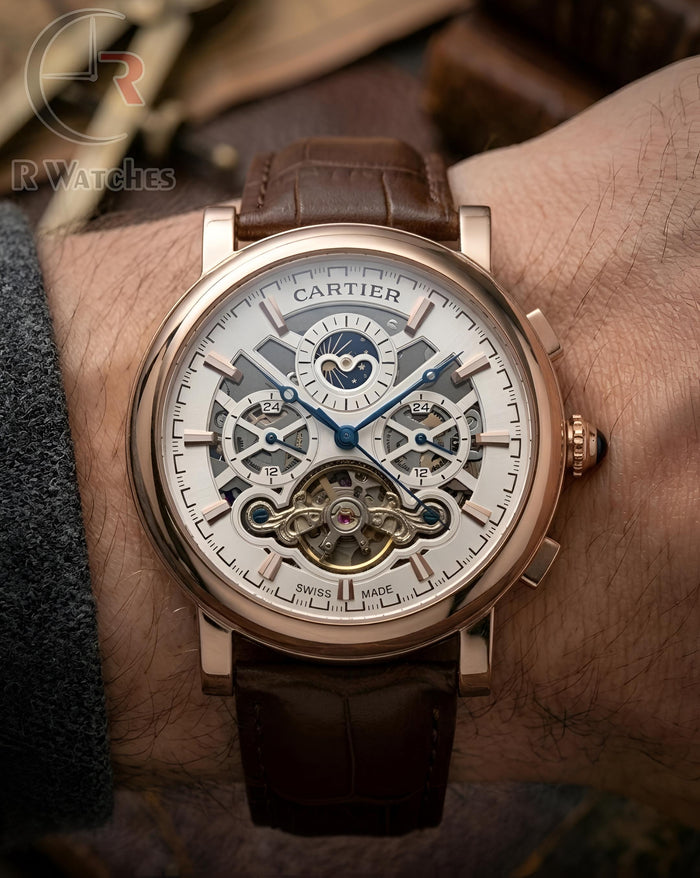 (OS2) Cartier Automatic Leather Rose Gold White