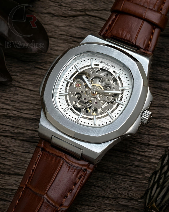 (SS) Patek Philippe Automatic Leather Silver White