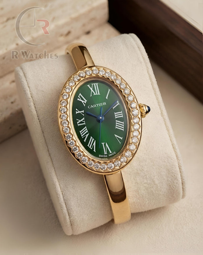 (OS) Cartier Girls Diamond Gold Green Roman