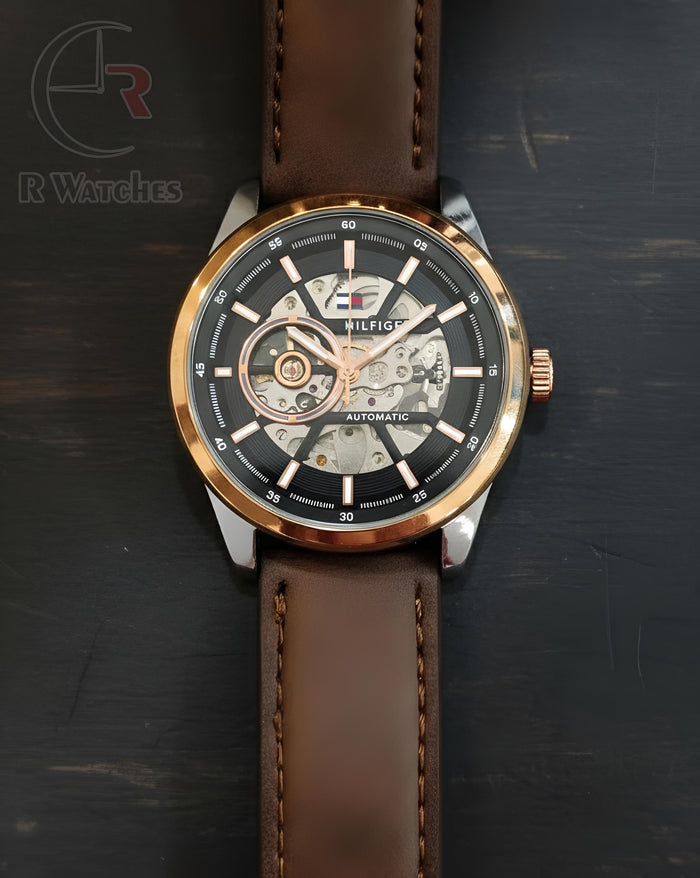(OS) Tommy Hilfiger Automatic Leather Rose Gold black Leather Brown