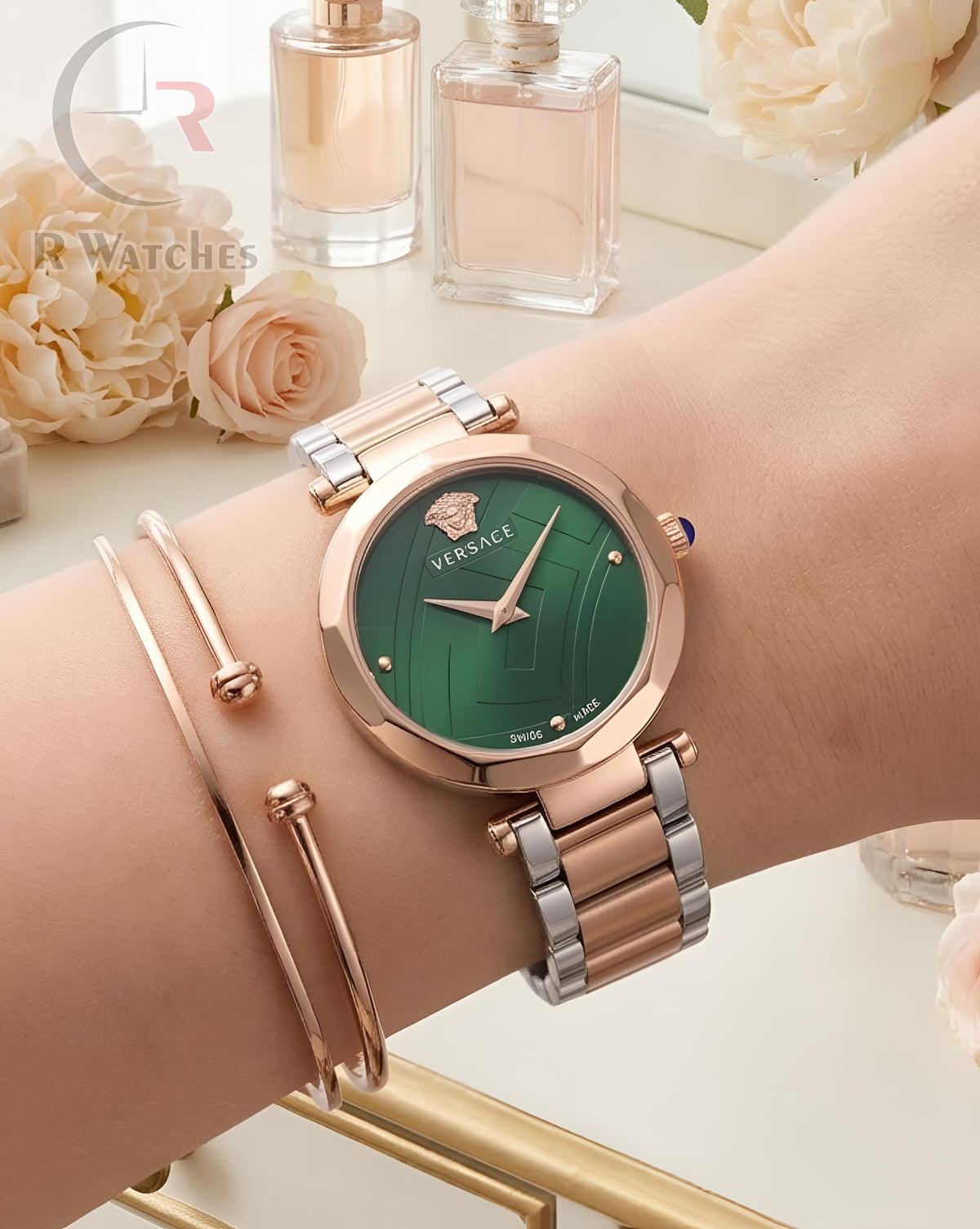 (OS3)⭐ Versace Girls Rose Gold Green Dial