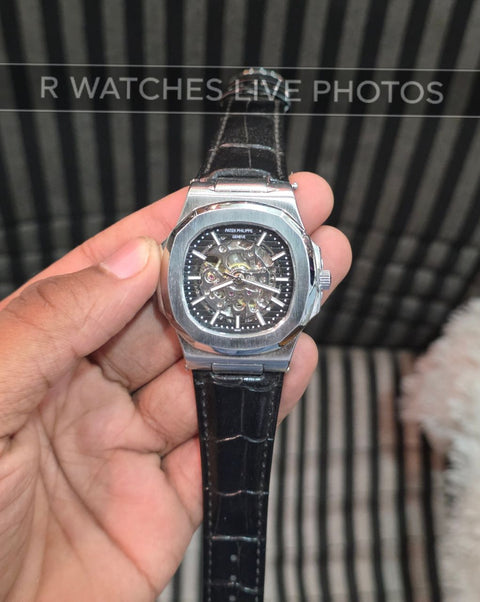 (OS)⭐ Patek Philippe Automatic Leather Silver Black