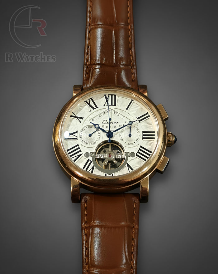 (OS) Cartier Automatic leather Brown Rose Gold White Roman Dial
