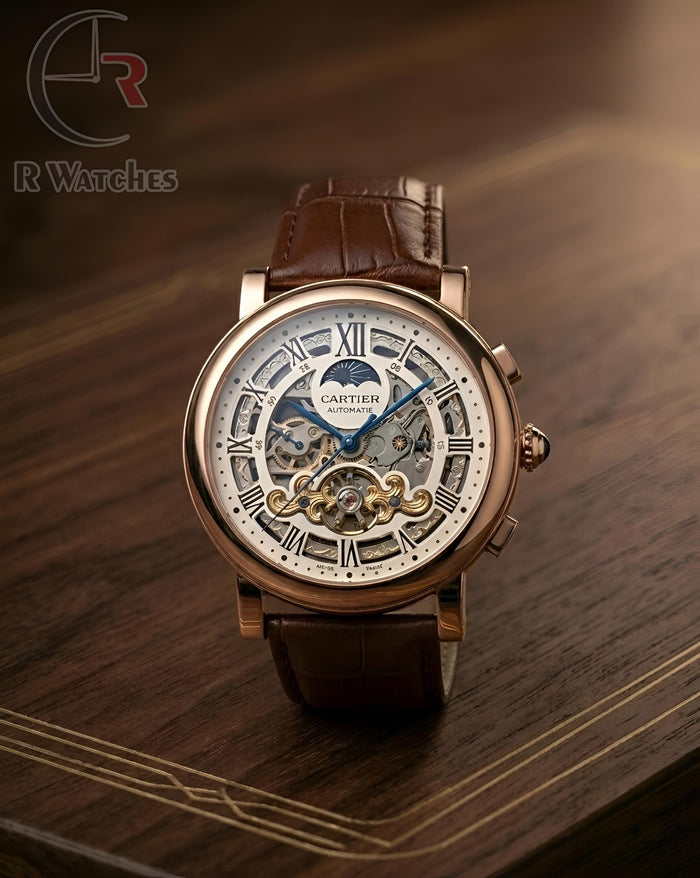 (OS2) Cartier Automatic Leather Rose Gold White Roman Dial
