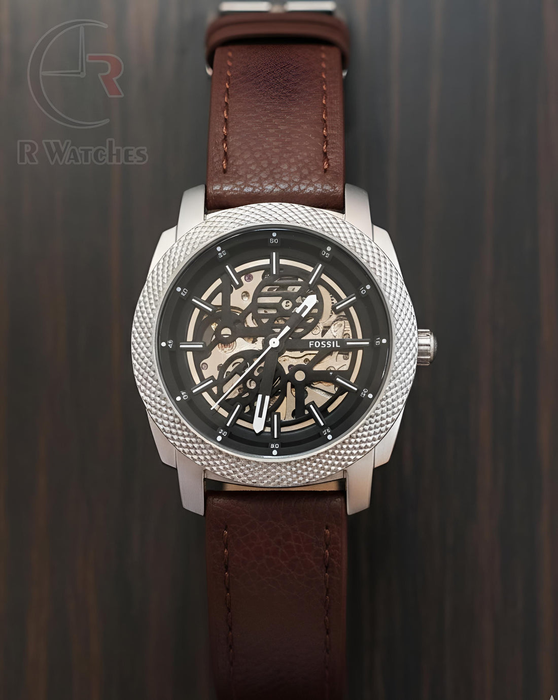 (SS) Fossil Automatic Leather Silver Black Leather Brown