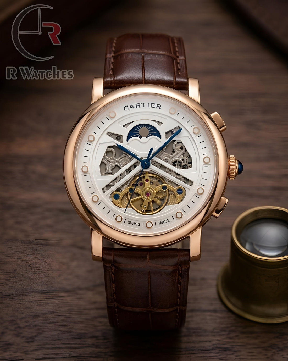 (OS2) Cartier Automatic Leather Rose Gold White