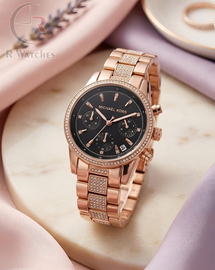 (OS) MK Girls Rose Gold Black Dial