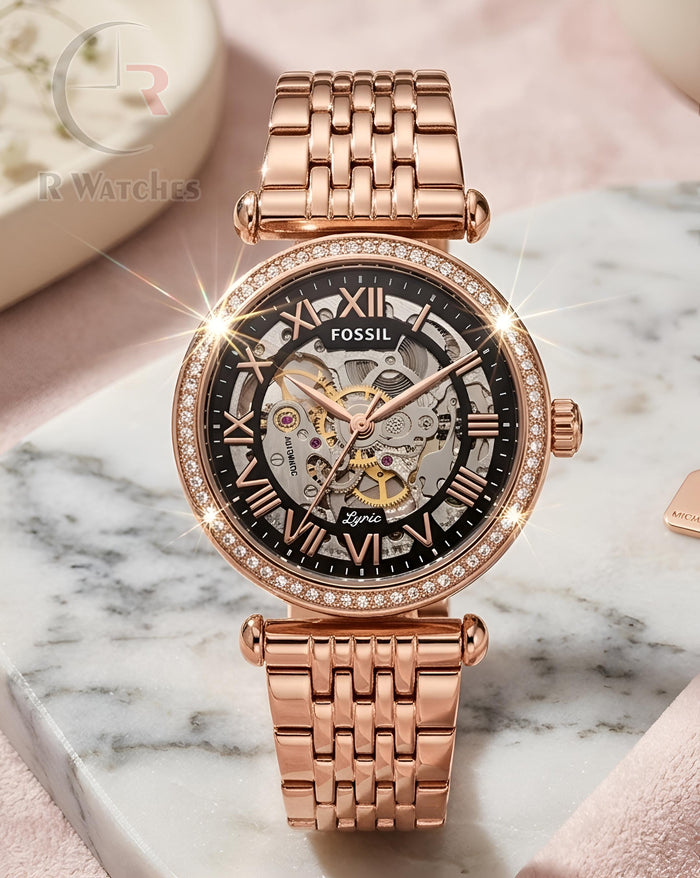 (OS) Fossil Girls Automatic Rose Gold Black Dial