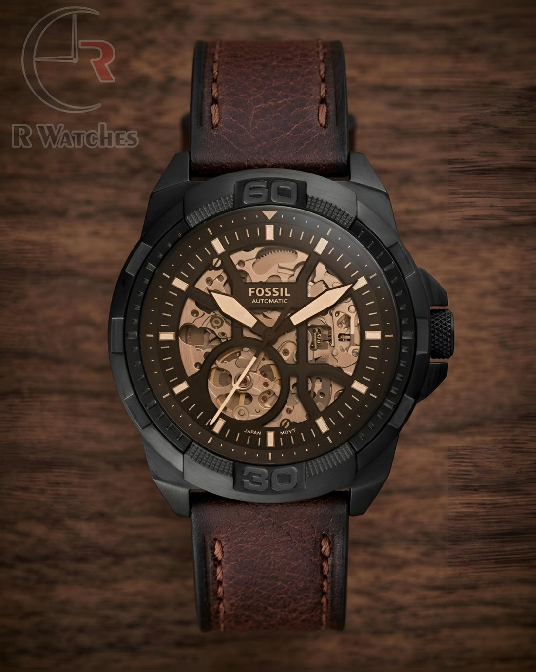 (OS) Fossil Automatic leather brown black gold dial