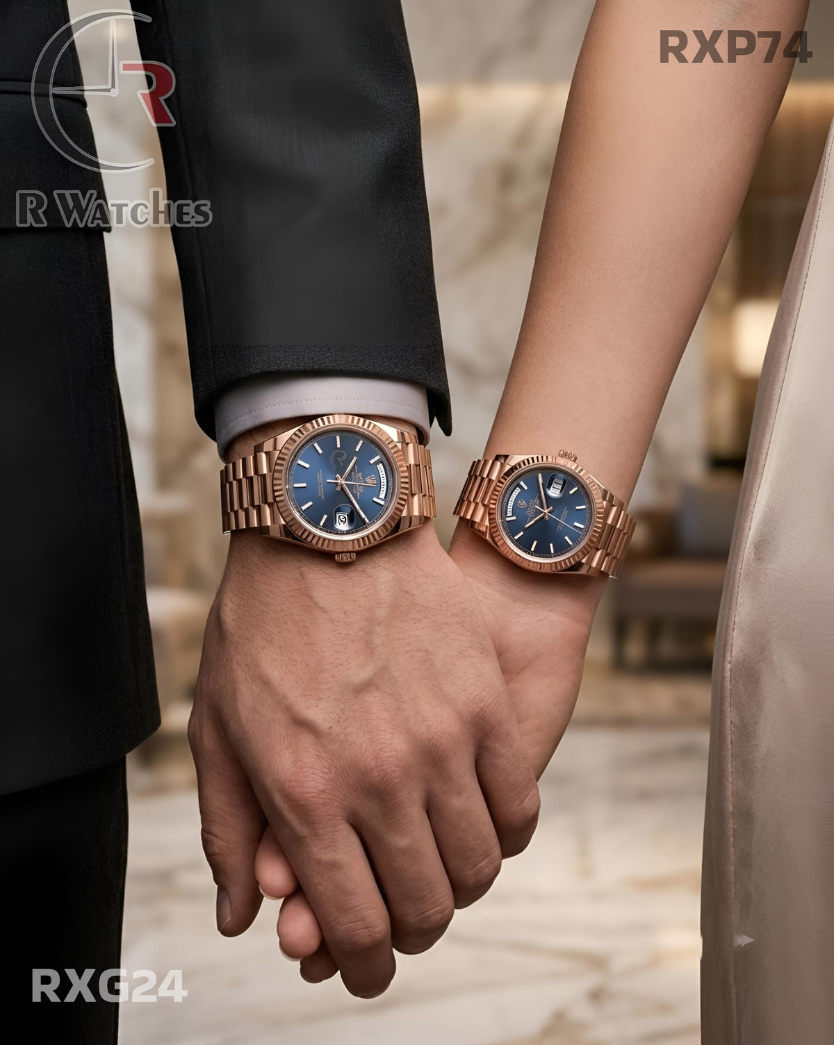 (OS) Rolex Couple Rose Gold Blue (RXP74) (RXG24)