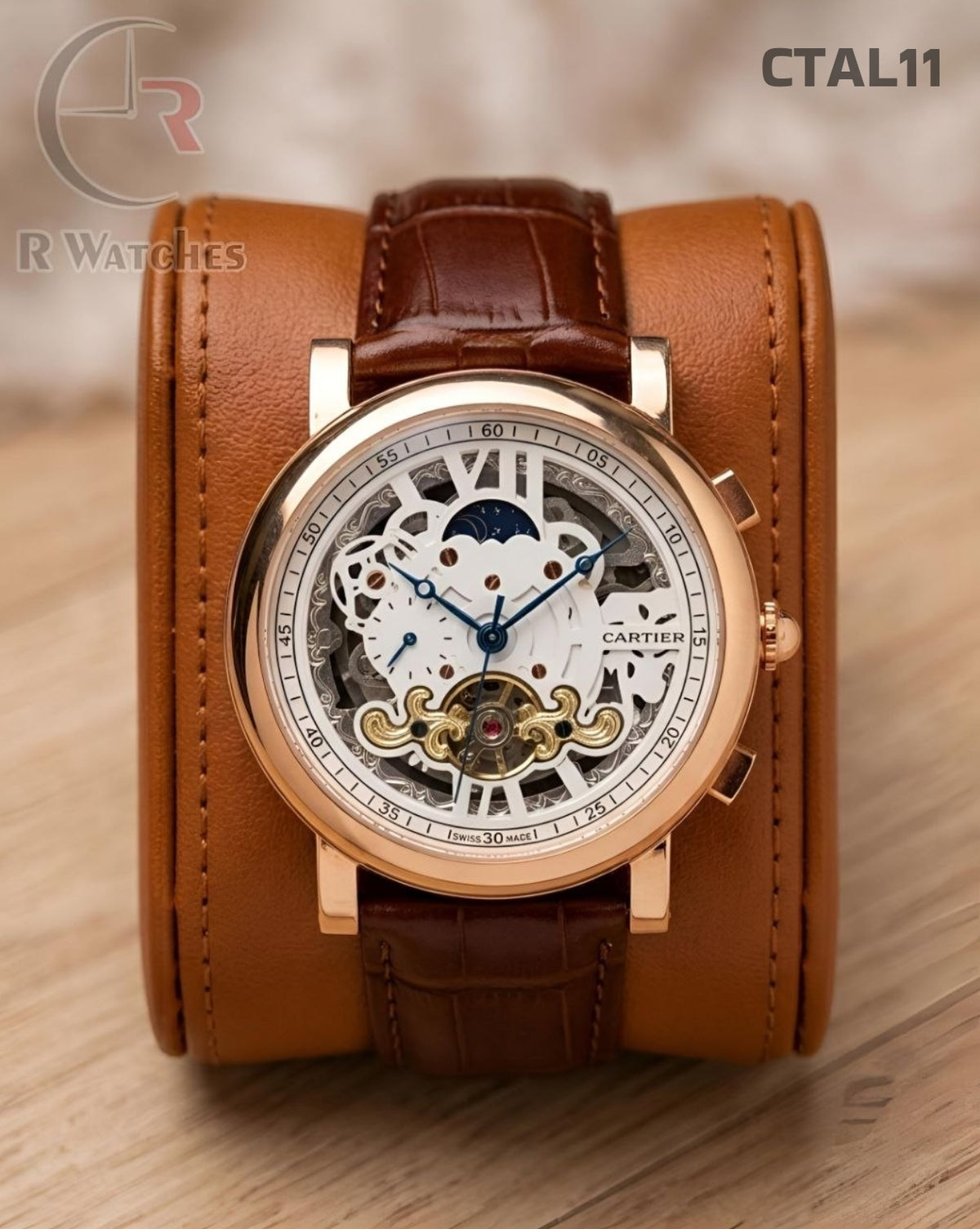 (OS2)🖤⭐ Cartier Automatic Leather Rose Gold White Dial (CTAL11)