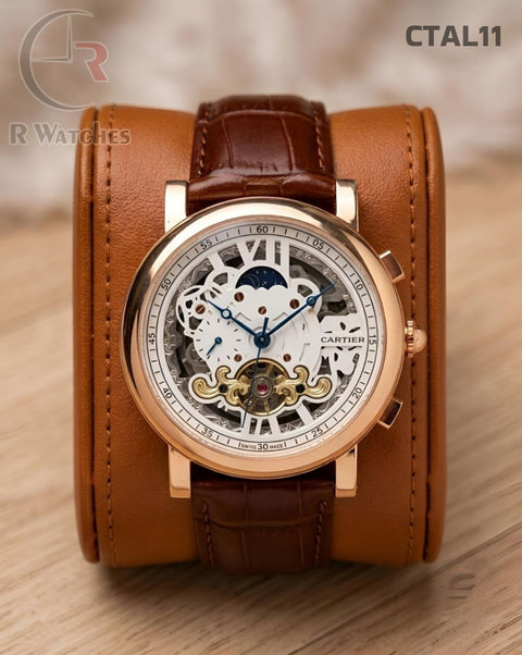 (OS2)🖤⭐ Cartier Automatic Leather Rose Gold White Dial (CTAL11)