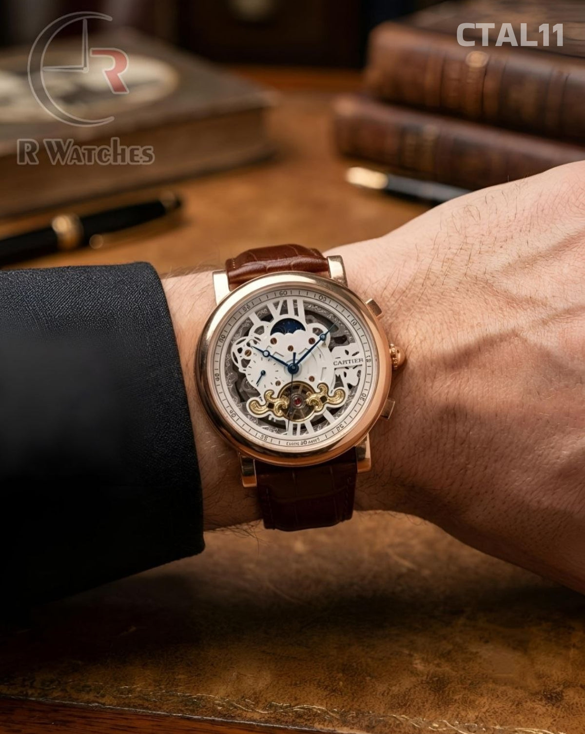 (OS2)🖤⭐ Cartier Automatic Leather Rose Gold White Dial (CTAL11)