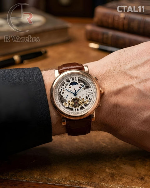 (OS2)🖤⭐ Cartier Automatic Leather Rose Gold White Dial (CTAL11)