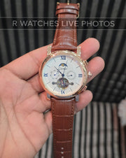 (OS2)⭐ Cartier Automatic Leather Rose Gold White Roman Dial