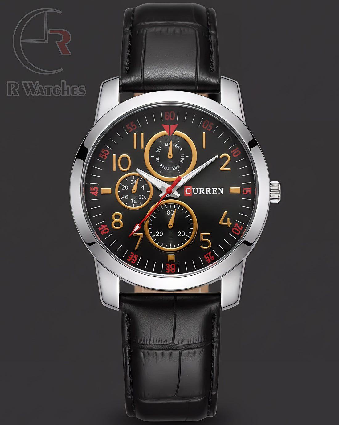 (OS)⭐ Curren Leather Black Silver Black Dial