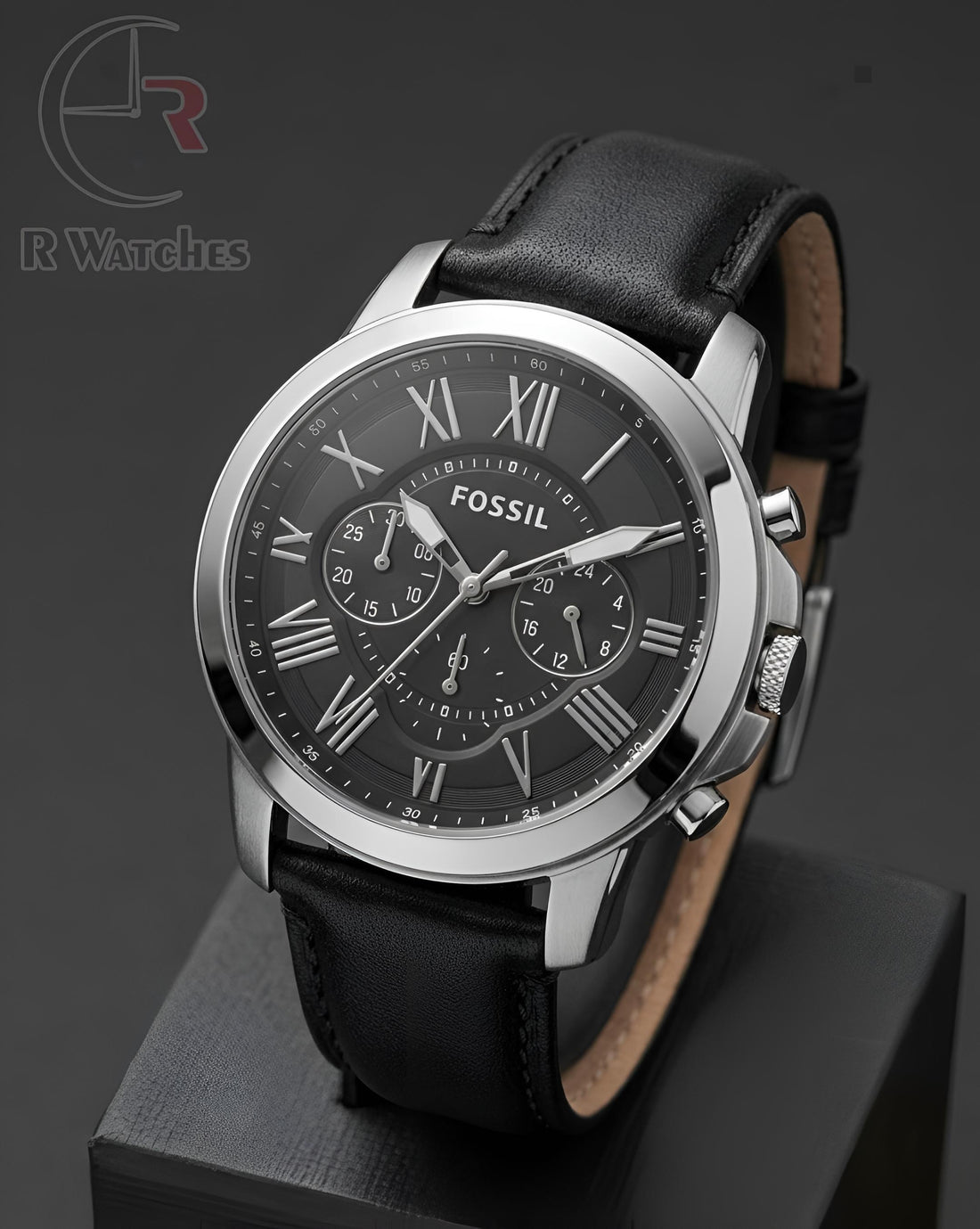 (OS3) Fossil leather silver black dial