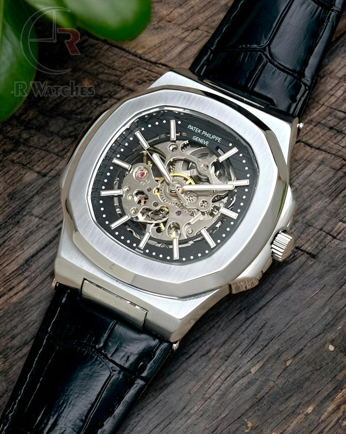 (OS) Patek Philippe Automatic Leather Silver Black