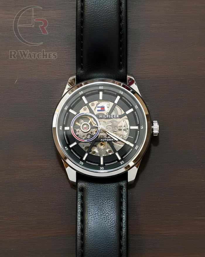 (OS) Tommy Hilfiger Automatic Leather Silver Black Leather Black