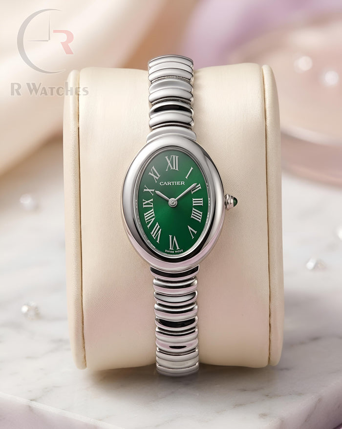 (SS)⭐ Cartier Girls Silver Green Roman Dial