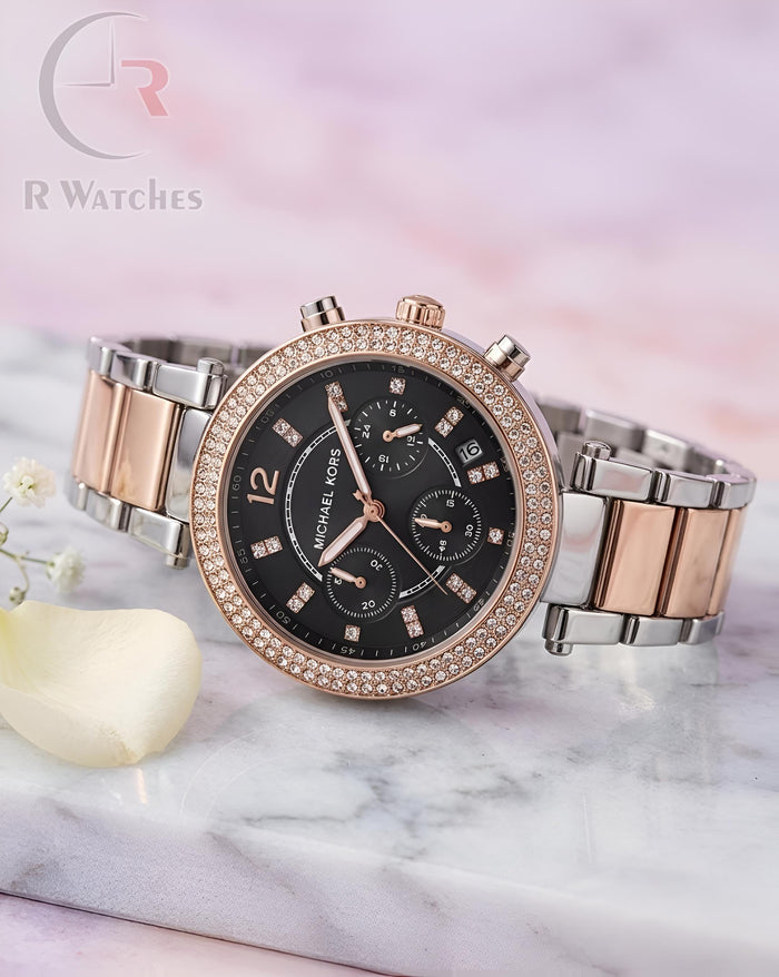 (OS) MK Girls Rose Gold Black Dial