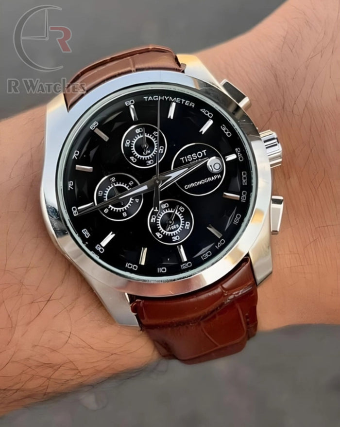 (OS)⭐ Tissot leather black dial brown leather