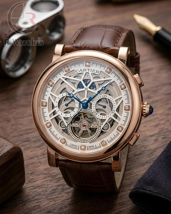 (OS2) Cartier Automatic Leather Rose Gold White