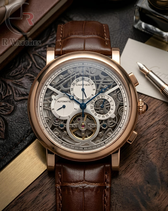 (OS4) Cartier Automatic Leather Rose Gold Grey Dial