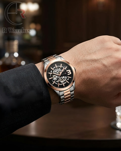 (OS2)⭐ Tommy Hilfiger Automatic Rose Gold Black Dial