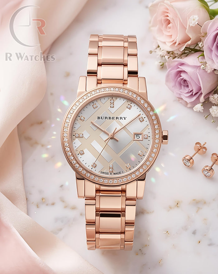 (OS)⭐ Burberry Girls Rose Gold Grey Dial