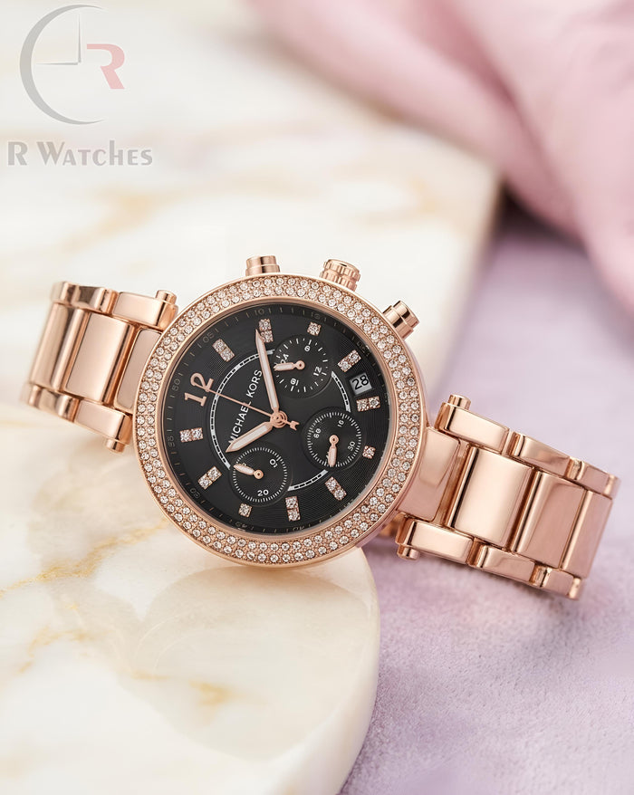 (OS2) MK Girls Rose Gold Black Dial