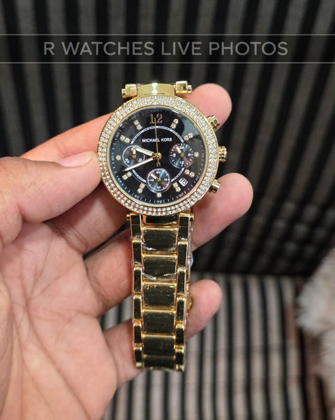 (OS2)⭐ MK Girls Gold Black Dial