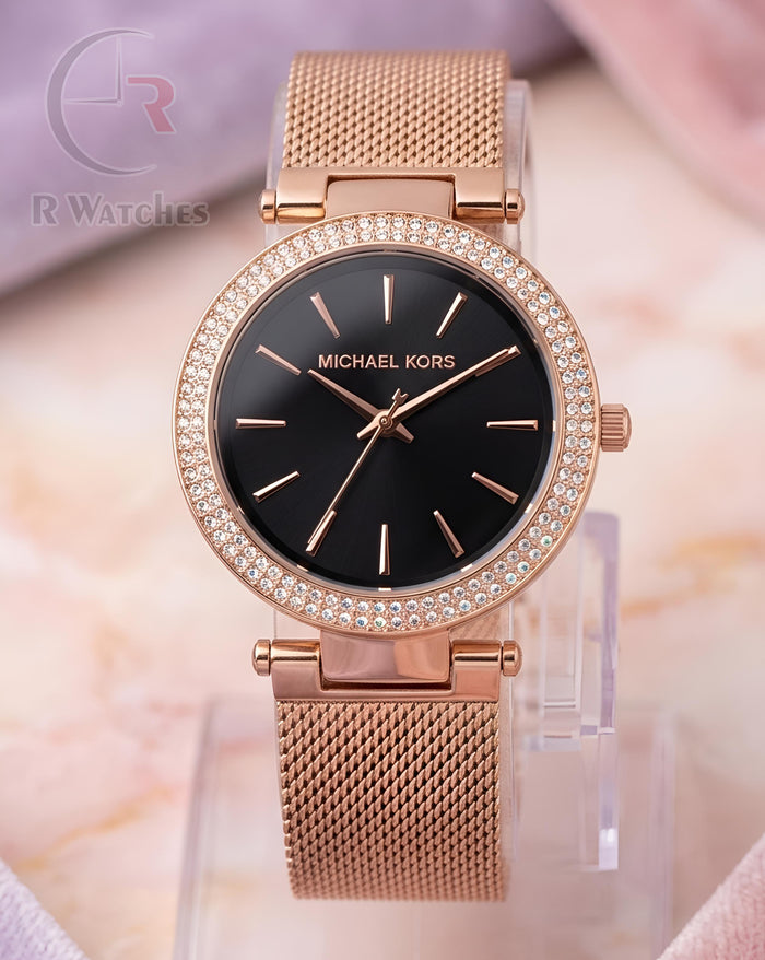(OS) MK Girls Rose Gold Black Dial
