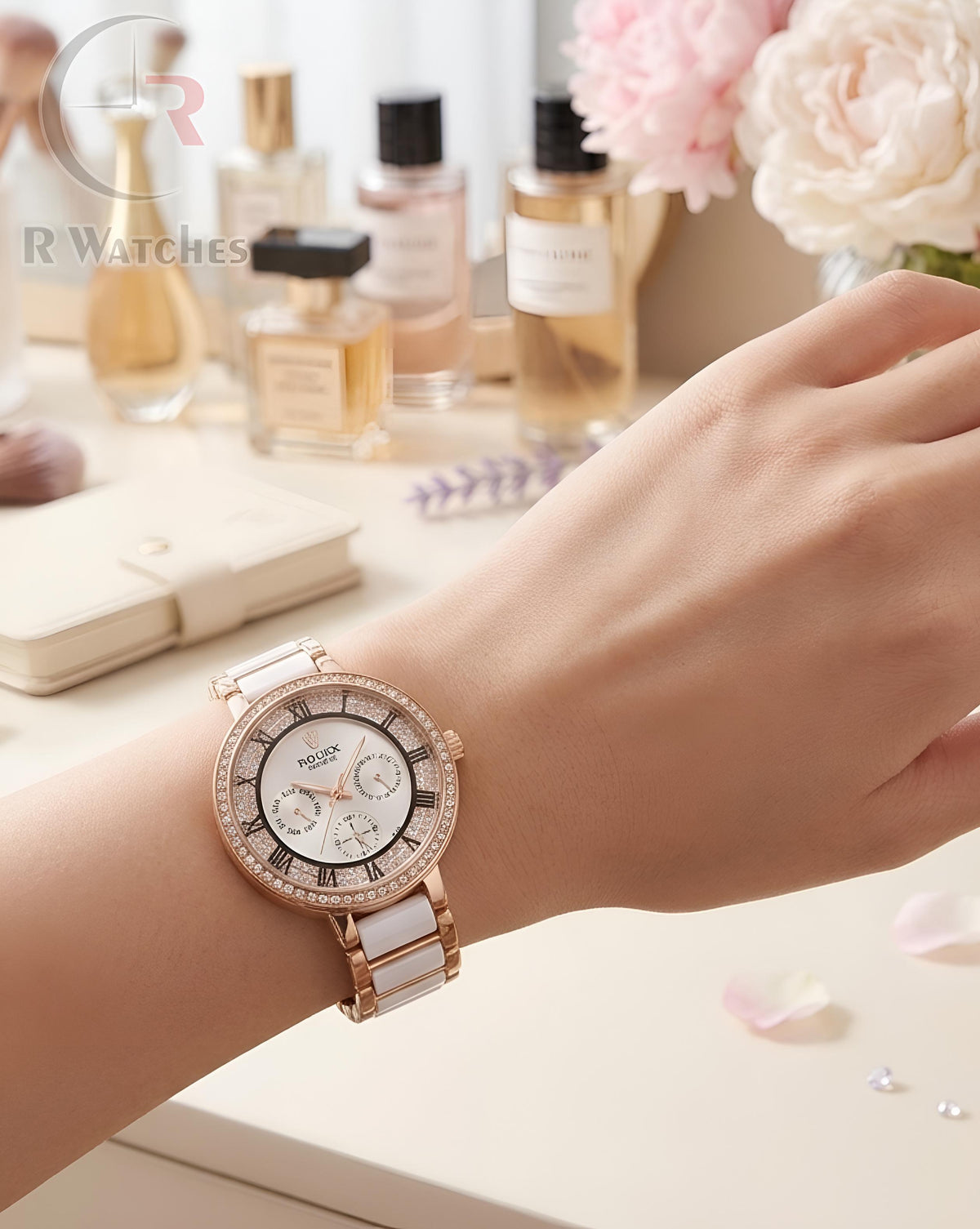 (OS2)⭐ Rolex Girls Diamond Rose Gold White Dial